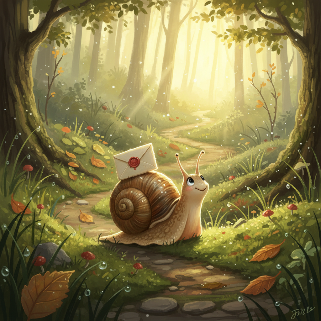 A charming illustrated snail carrying a sealed envelope through a dewy forest path