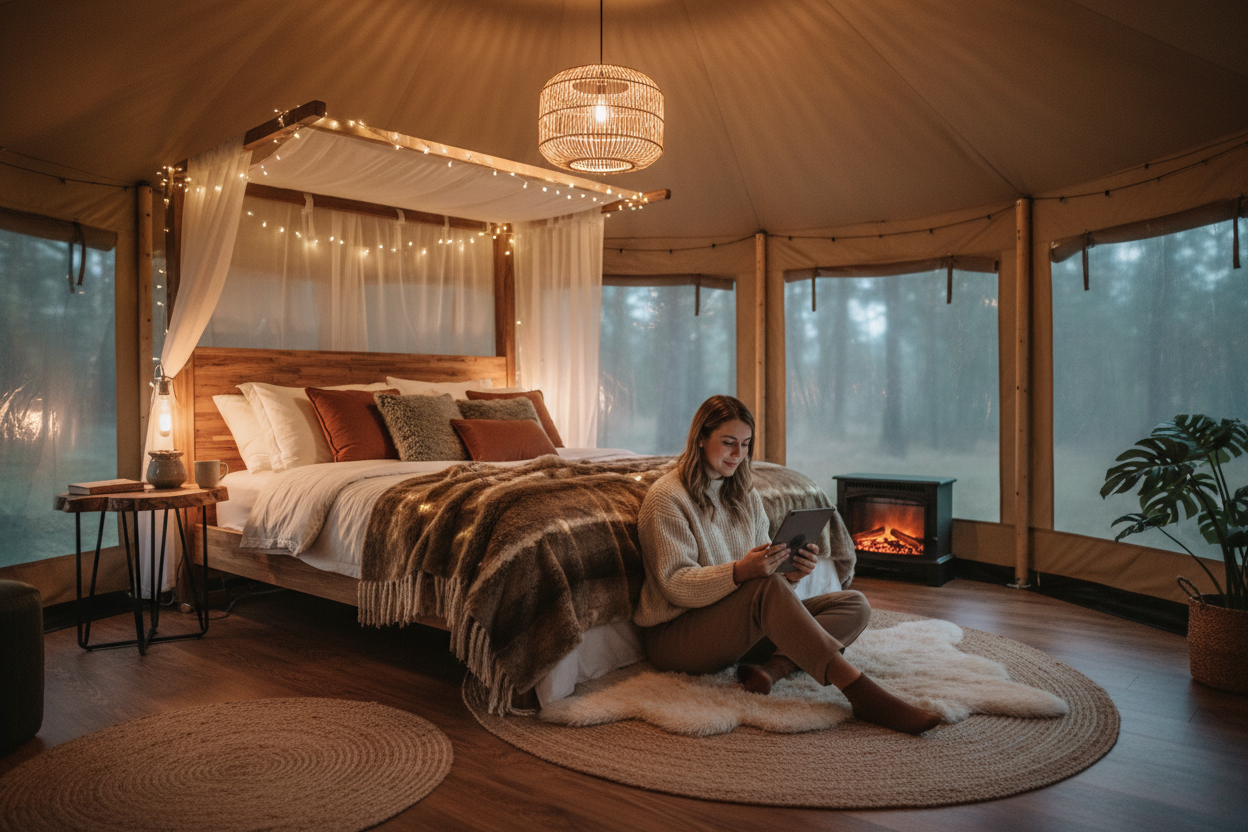 Young Woman in Luxury Glamping Room
